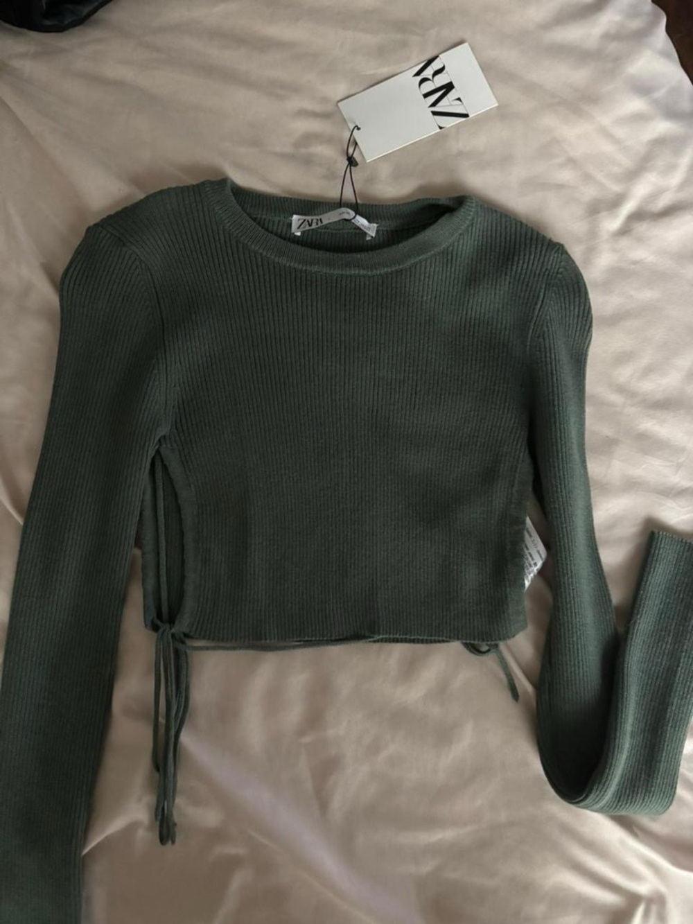 Zara Dark Olive Ribbed Long-Sleeve Crop Top with Side Ties